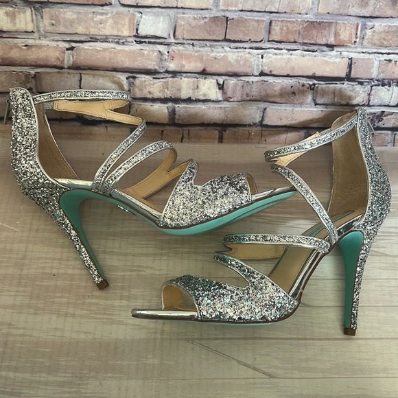 Betsey Johnson Blue Sage Rhinestone Jeweled Satin Peep Toe Izzy Sandals Sparkle - Picture 2 of 10